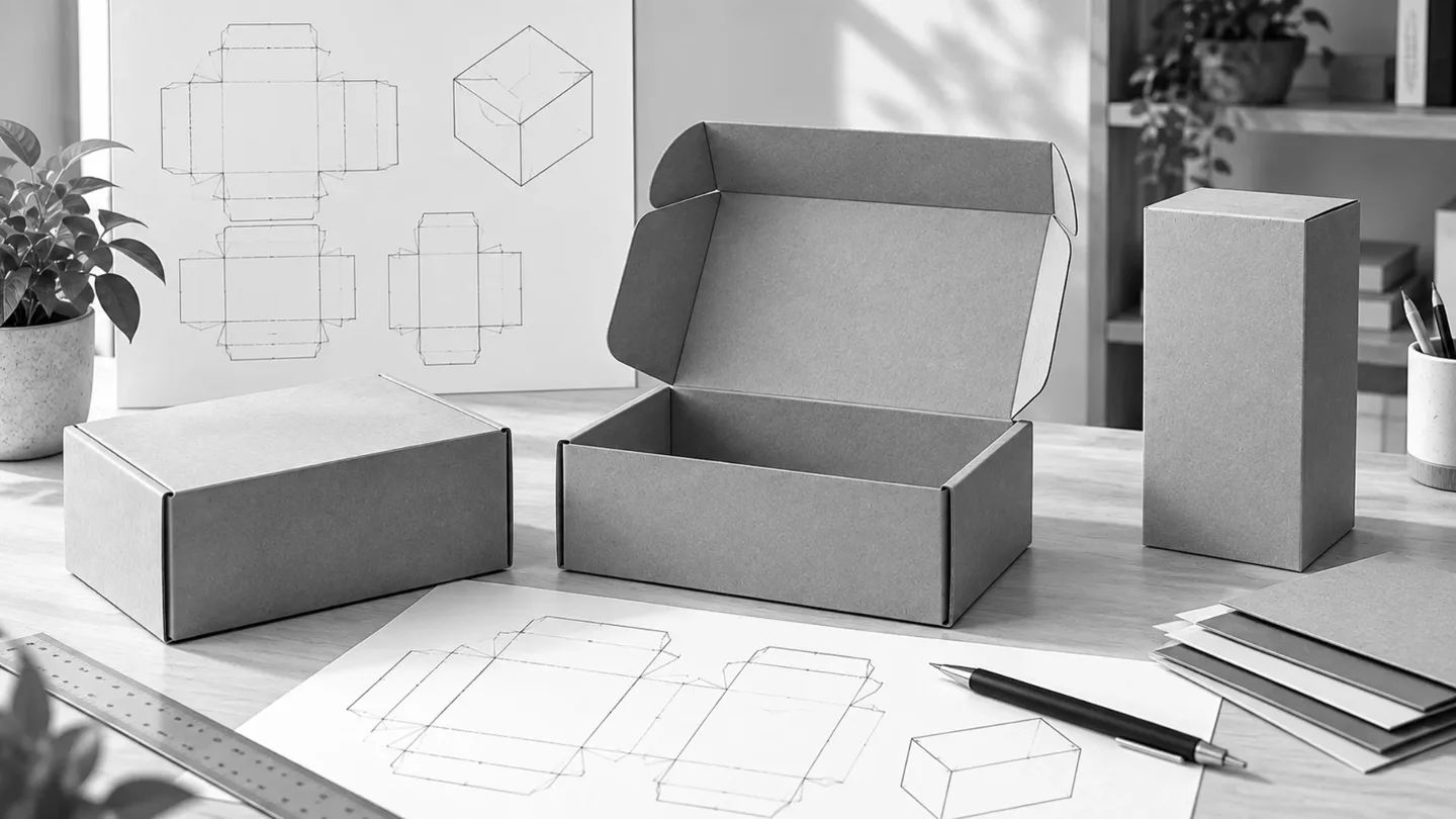 Structural packaging design workspace with kraft box prototypes, dieline sketches, drafting tools, and packaging materials.