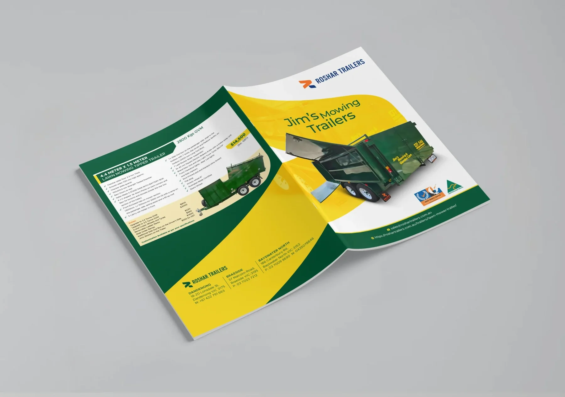 Brochure design for Roshar Trailers Jim's Mowing trailers Australia