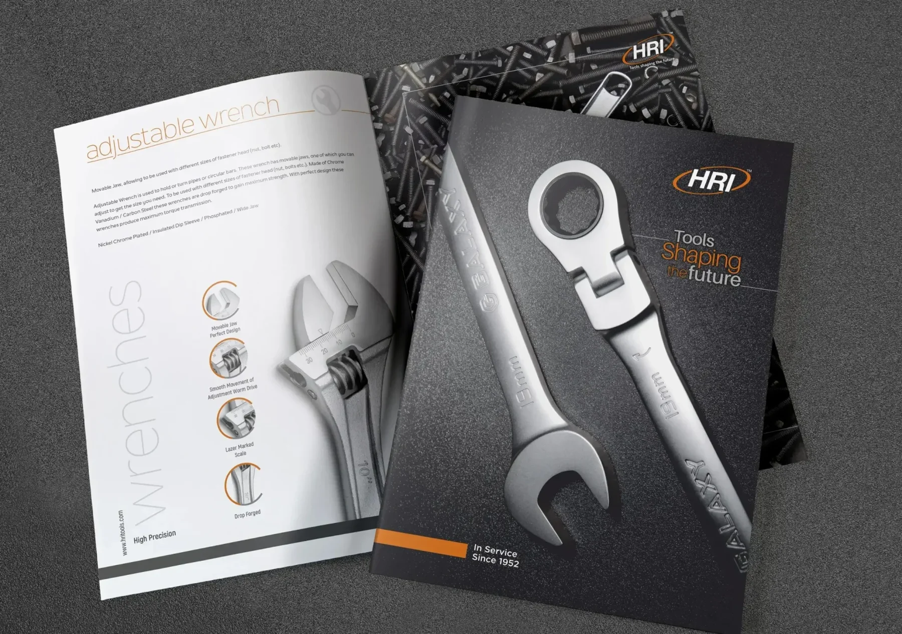 Product catalogue design showing wrench range for H.R. Industries