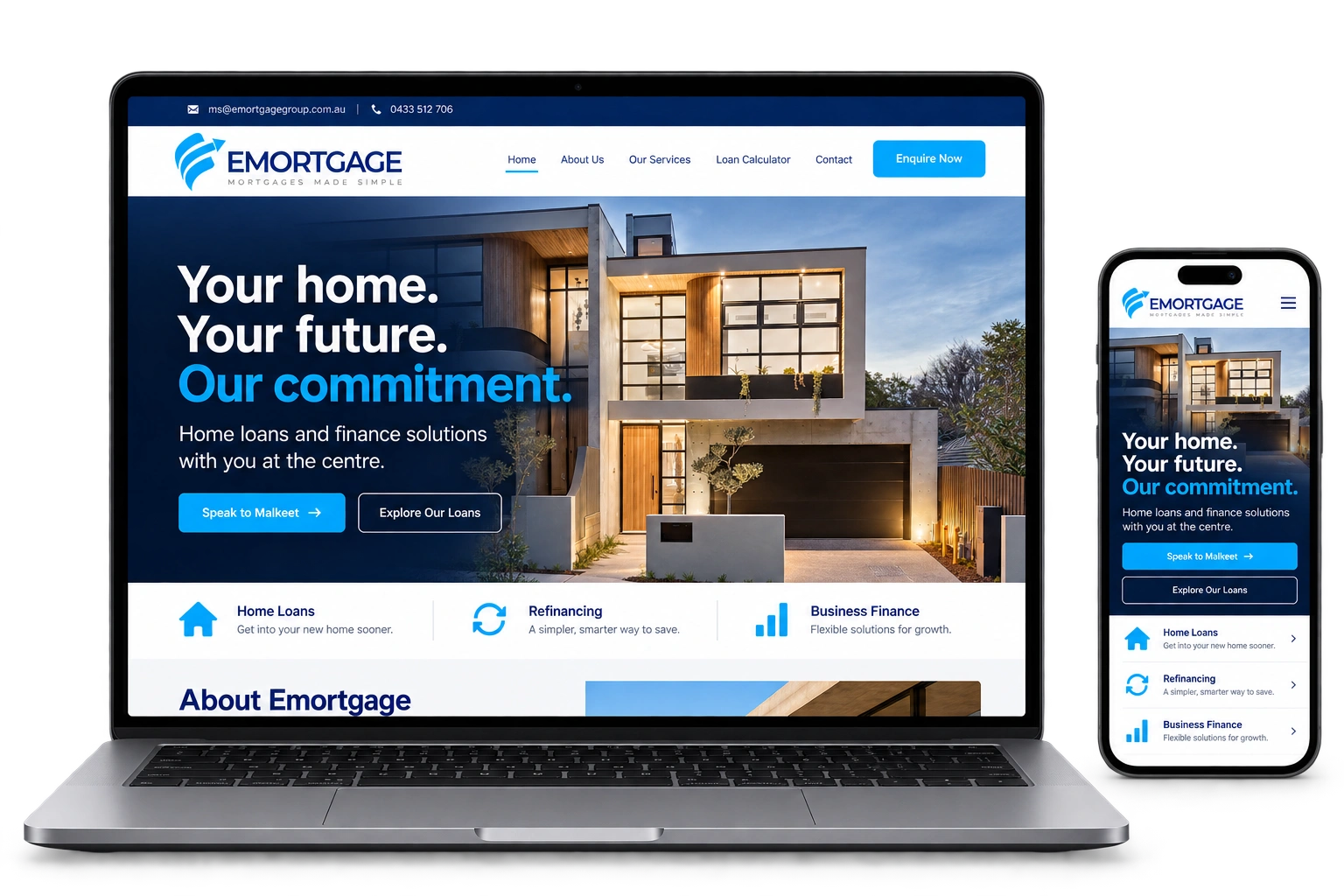 eMortgage homepage design presented on a laptop and smartphone