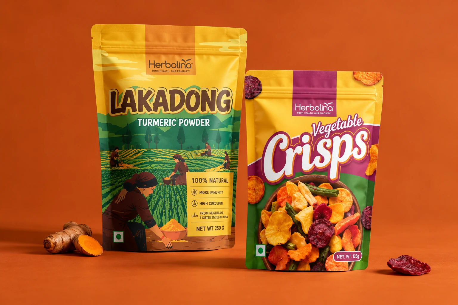 Herbolina Lakadong turmeric and vegetable crisps packaging presentations