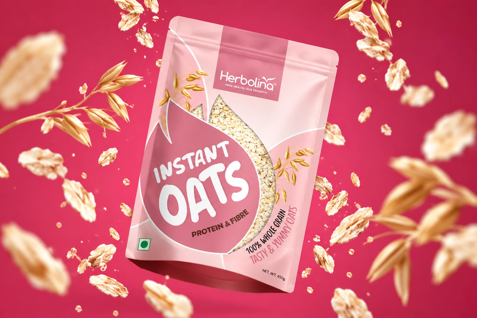 Herbolina Instant Oats pouch in a floating ingredient presentation