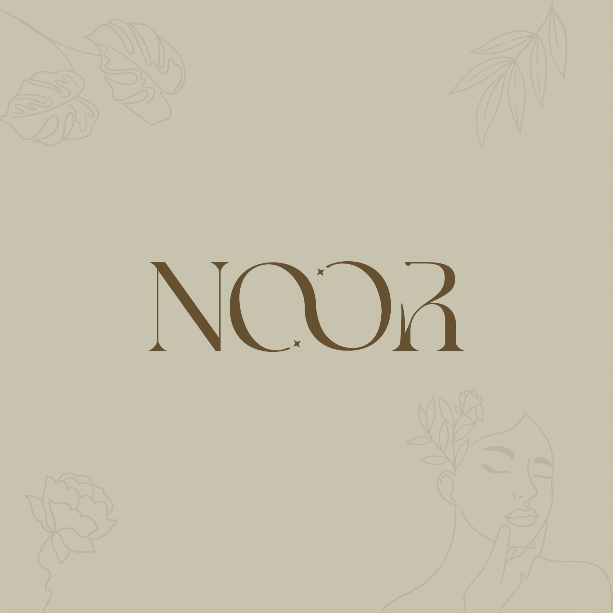 Noor wordmark with botanical and portrait linework