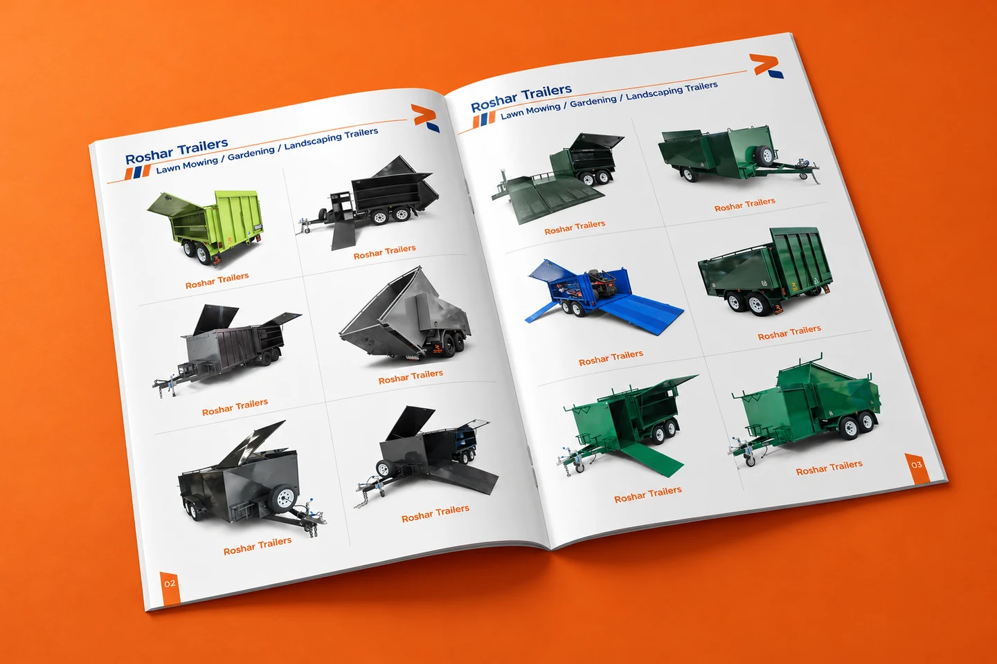 Open Roshar Trailers catalogue showing the product range in an orange and navy layout