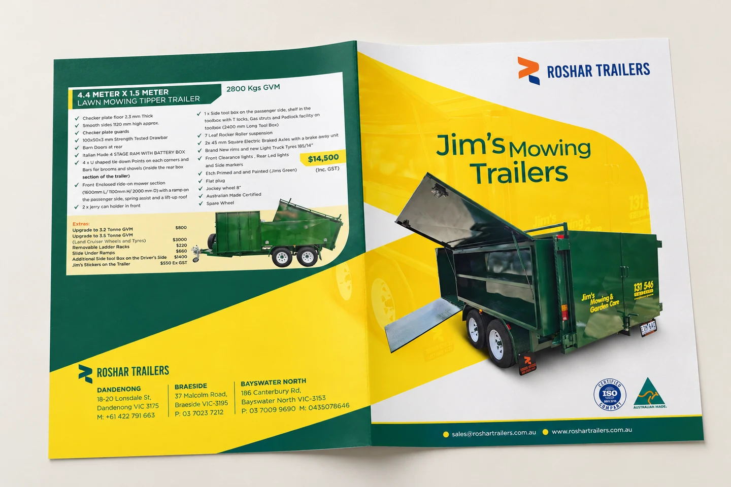 Jim’s Mowing trailer brochure exterior spread