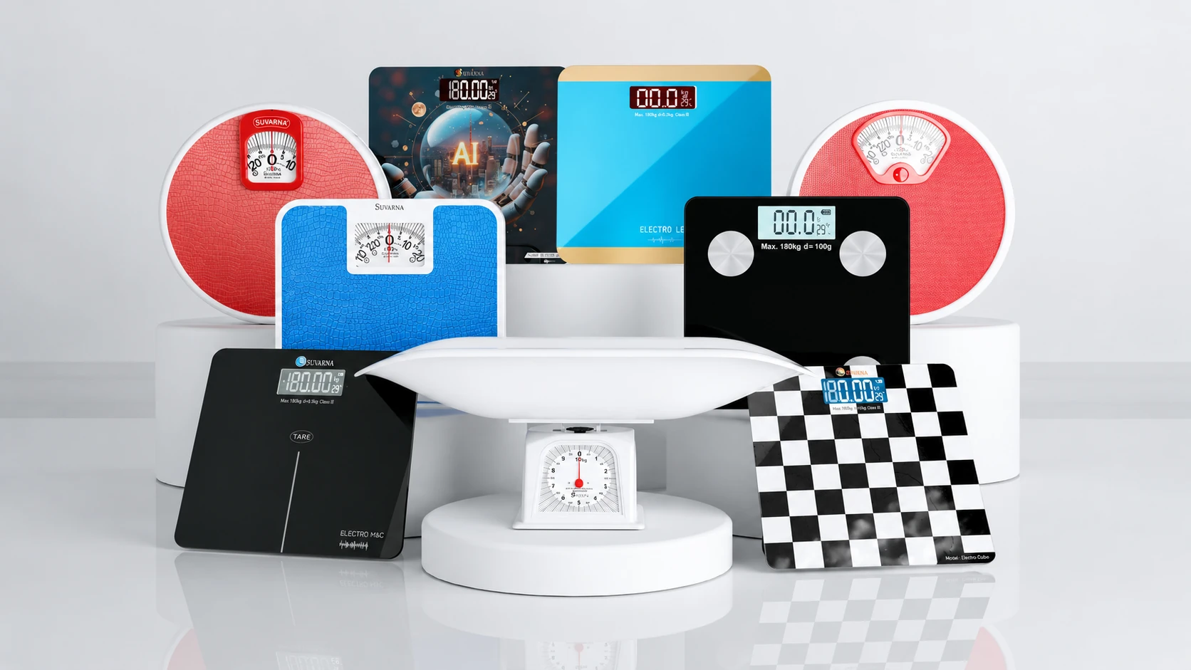 Suvarna weighing scale range arranged on studio podiums