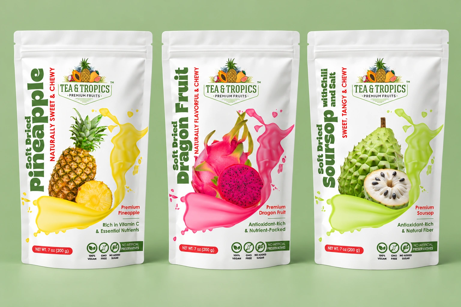 Tea and Tropics dried fruit pouch range with colourful tropical fruit styling